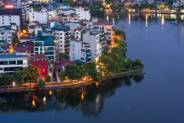 Aerial skyline view of West Lake in Hanoi, Vietnam