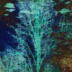 Abstract grunge artwork. Neon tree on a brown and blue background. Canvas texture.