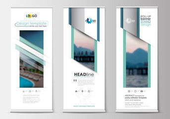 Roll up banner stands, flat design, abstract geometric templates, modern business layouts, corporate vertical vector flyers. Blue color travel decoration, easy editable, colorful natural landscape. © Raevsky Lab