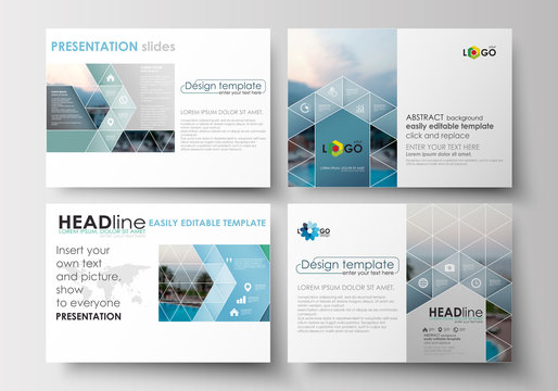 Set of business templates for presentation slides. Flat design blue color travel decoration layout, easy editable vector template, colorful blurred natural landscape.