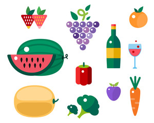 Set of colorful cartoon fruit and vegetables icons vector illustration.