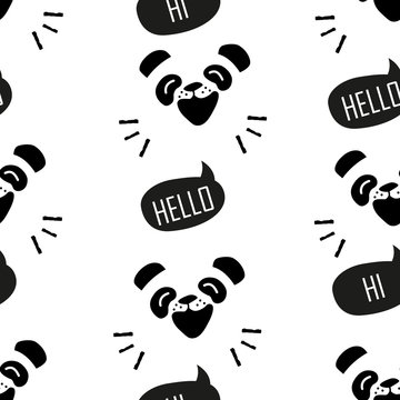 Seamless pattern with funny panda. Cartoon bear says Hello. Vector background.