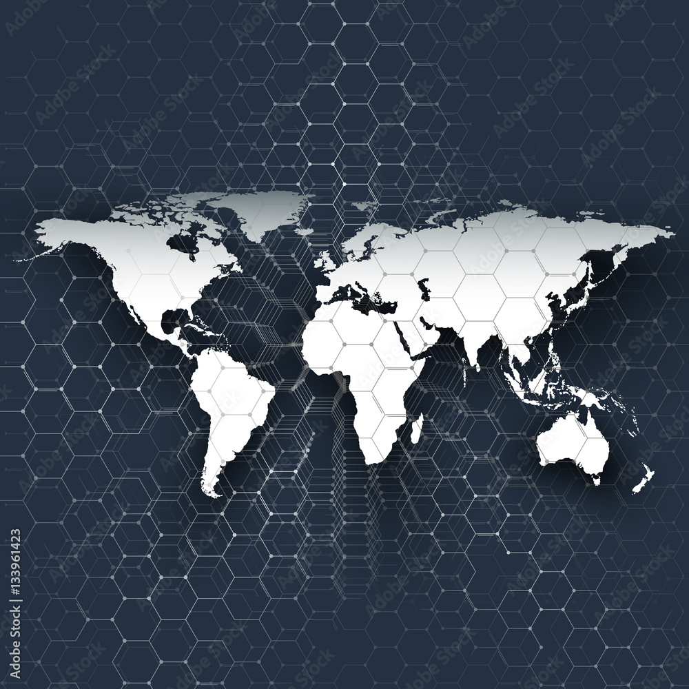 Poster white world map, connecting lines and dots on blue color background. chemistry pattern, hexagonal mo