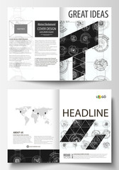 Business templates for bi fold brochure, magazine, flyer. Cover template, layout in A4 size. High tech design, connecting system. Science and technology concept. Futuristic abstract vector background.