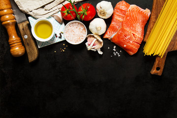 Tasty colorful Food Background with fresh Raw Fish Salmon and Co