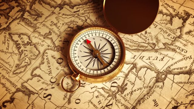 Golden Compass On The Map Indicating Direction. 3D Animation.