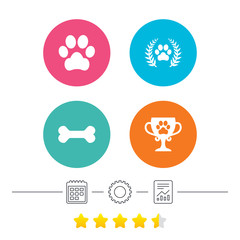 Pets icons. Dog paw sign. Winner laurel wreath.