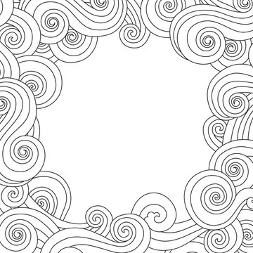 Abstract hand drawn frame, border with outline sea wave background isolated on white.