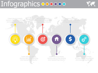 Infographics timeline template with realistic colorful circles for 6 steps and icons. Can be used for workflow layout, diagram, number options, step up options, web design, infographics, presentations