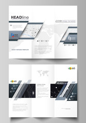 Tri-fold brochure business templates. Easy editable vector layout. Abstract design infographic background in minimalist style with lines, symbols, charts, diagrams and other elements.