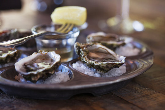 Oyster shells served on table