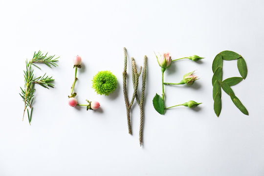 Word Flower made of plants on white background