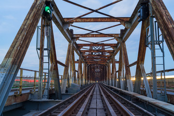 Fototapeta na wymiar Railway on Long Bien ancient metal bridge in Hanoi, Vietnam
