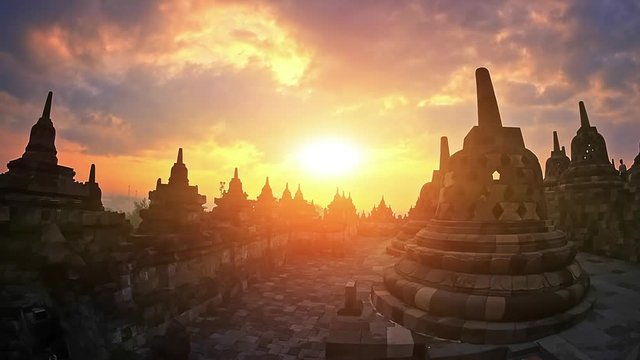 Amazing view of Borobudur temple architecture at sunset during trip in Indonesia