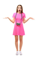 Beautiful female tourist on white background