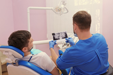 Dentist showing patient X-ray image of his teeth