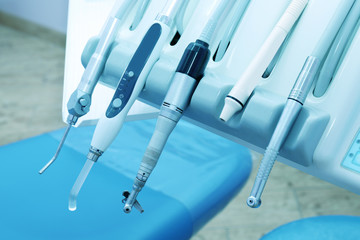 Dental instruments in clinic, closeup