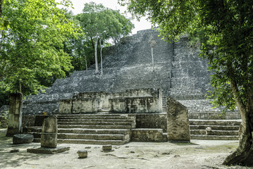 Fototapeta na wymiar sight of the staircase of access to a pyramid in the archaeological Calakmul place inside the reservation of the biosphere and national park of Calakmul in the state of Campeche, Mexico