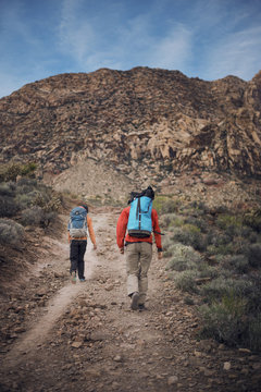 Rear view of friends hiking at Red Rock Canyon National Conservation Area