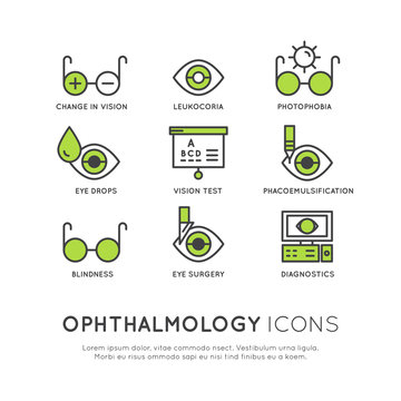 Vector Icon Style Illustration Set of Ophthalmology Healthcare, Medical Diagnosis, Human Vision Concept