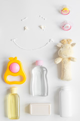 baby organic cosmetic for bath on white bakground top view