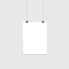 Poster mockup. Vector mock up blank paper hanging on office clip. Paper gallery set on white background.