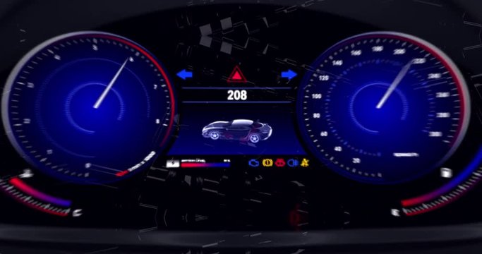 Luxury concept sports car animation with futuristic dashboard display and animated V8 engine
