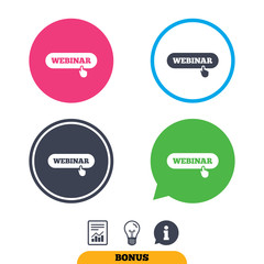 Webinar with hand pointer sign icon. Web study.