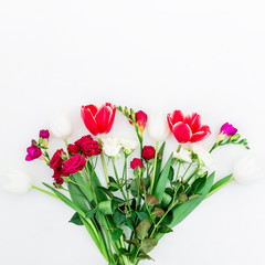Bouquet with beautiful flowers isolated on white background. Flat lay,