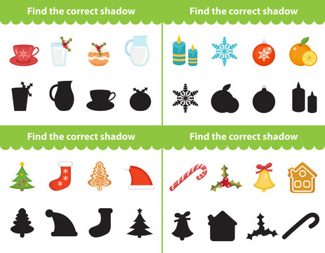 Childrens educational game, find correct shadow silhouette. Items for find the right shade. Vector illustration