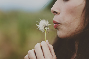 Cropped image of girl blowing dandelion on field