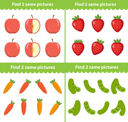 Childrens educational game. Find two same pictures. Vector illustration