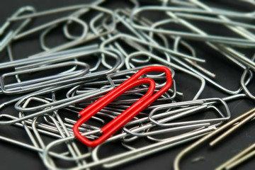 A red paper clip with a lot of others grey. Tilt-shift effect applied.