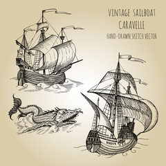 Old caravel, vintage sailboat. Hand drawn vector sketch.