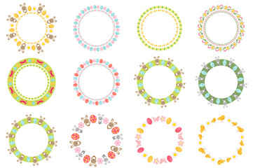 Easter round frame for your text set. Isolated on white background. Vector illustration