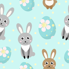 Cute Easter seamless pattern with rabbit and eggs, endless backdrop. Holiday background, texture, digital paper. Vector illustration