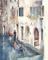 Venice canal with gondola watercolor painting illustration  - 133972070