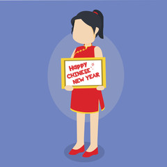 chinese woman holding happy chinese new year