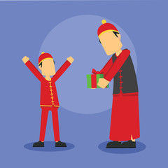chinese man giving present to his son