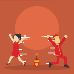 chinese boy chinese girl running away from firecracker
