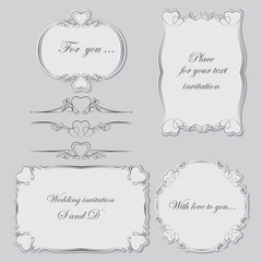 Set vintage dividers and frames of different shapes decorated with hearts. Vector illustration.