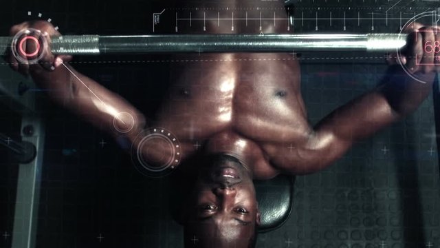 Bodybuilder lifting heavy barbell weights against animated background