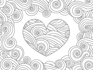 Coloring page with heart and wave curly ornament. - 133975400