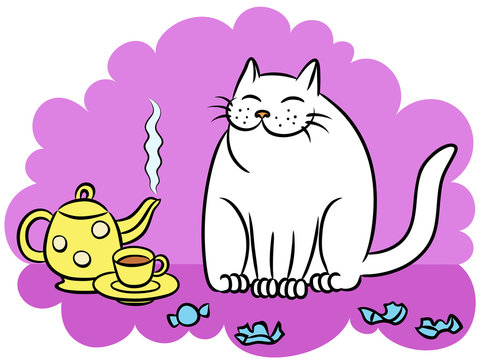 tea with the white cat vector illustratio