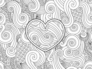 Fototapeta premium Coloring page with heart and asian wave curl ornament. Happy valentine day love card.