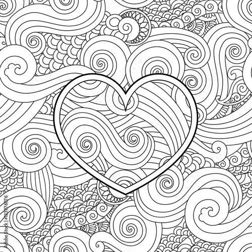 Coloring Page With Heart And Asian Wave Curl Ornament Happy Valentine Day Love Card