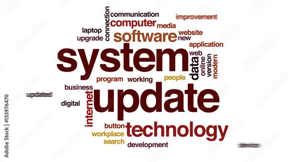 Aufkleber system update animated word cloud, text design animation.