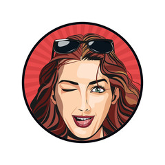 beautiful girl winking sunglasses sticker red background