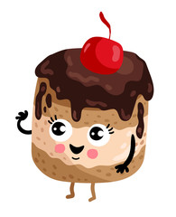 Cute cake with cherry cartoon character isolated on white background vector illustration. Funny positive sweet dessert emoticon face icon. Happy smile cartoon face food, comical cake brownie mascot