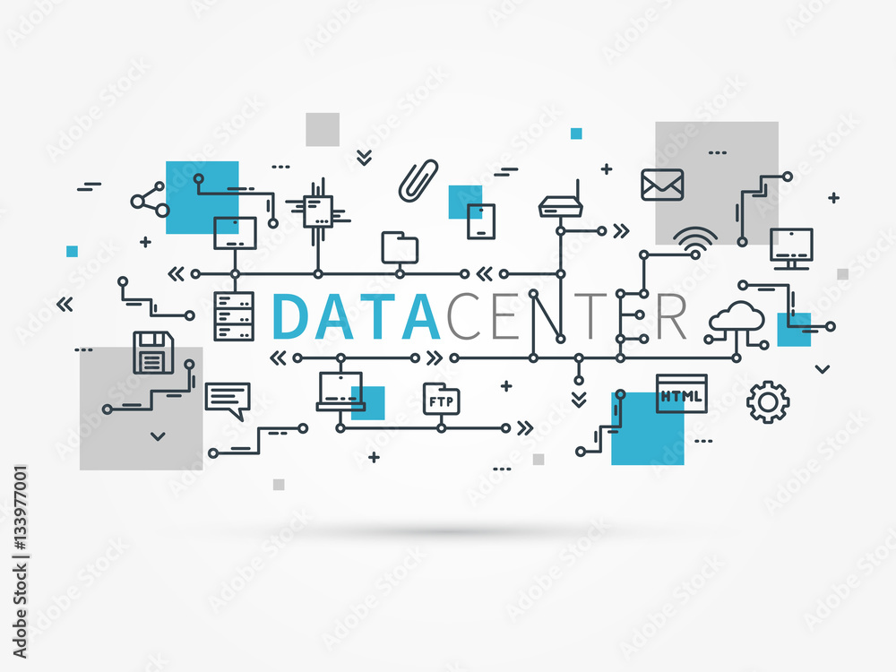 Poster hosting infrastructure connecting with server system. analysis infrastructure for server room with d